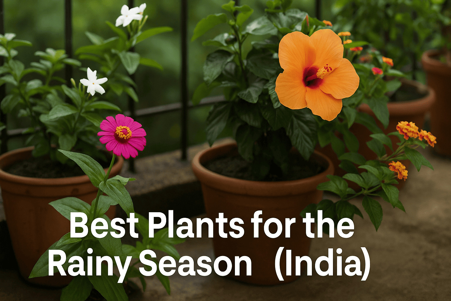small urban garden on a balcony in India featuring hibiscus, jasmine, zinnia, and lantana in full bloom during the rainy season – Urban Plant